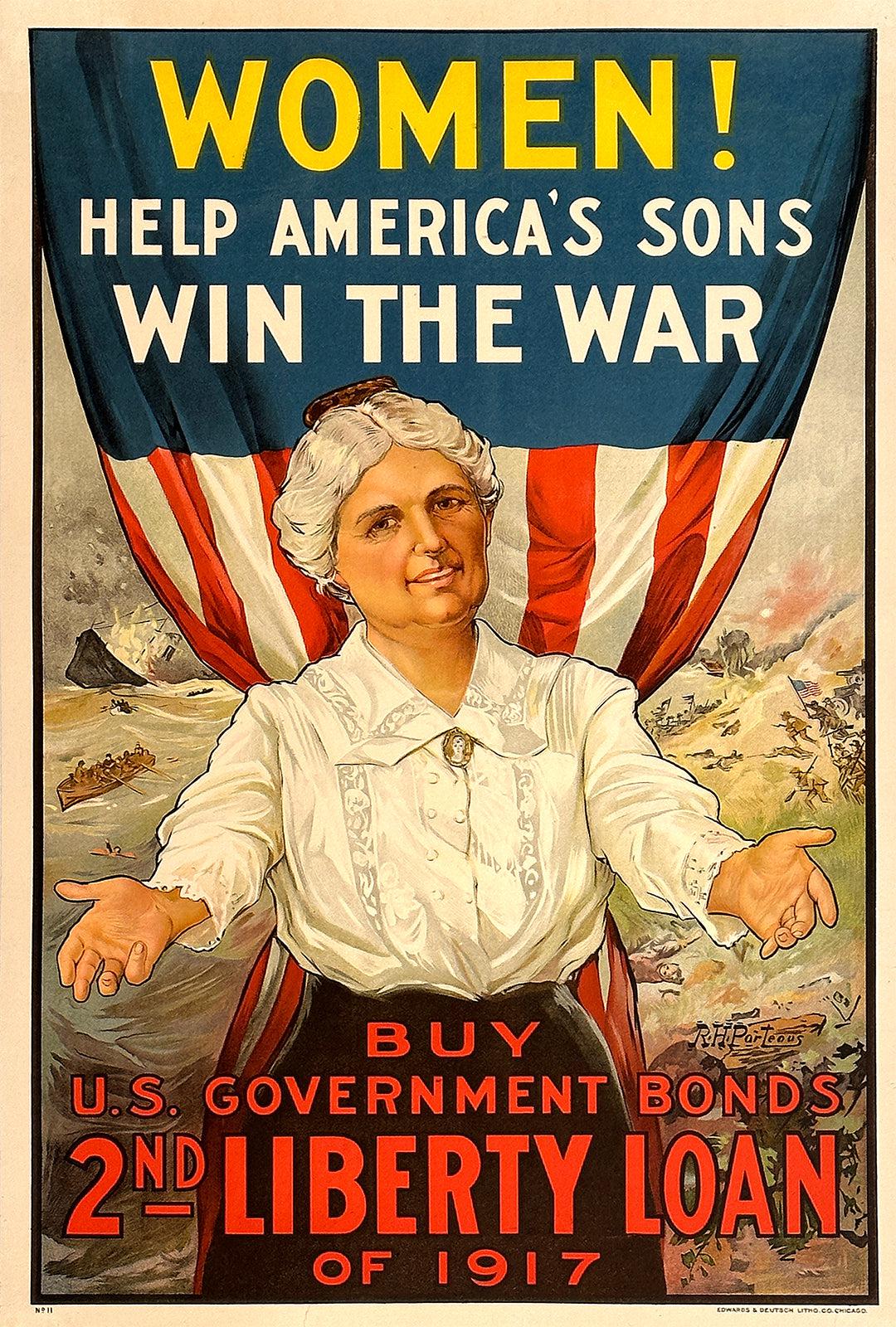 Original Vintage WWI Liberty Loan Poster Women Help America's Sons Win the War 1917 Porteous