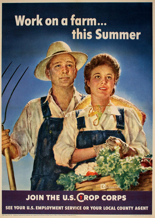 Original Vintage WWII Work on a Farm this Summer Poster by Douglass Crockwell 1943 Small