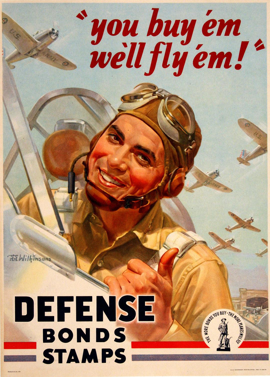 Original Vintage WWII Poster You Buy Em We'll Fly Em Bonds Airplane