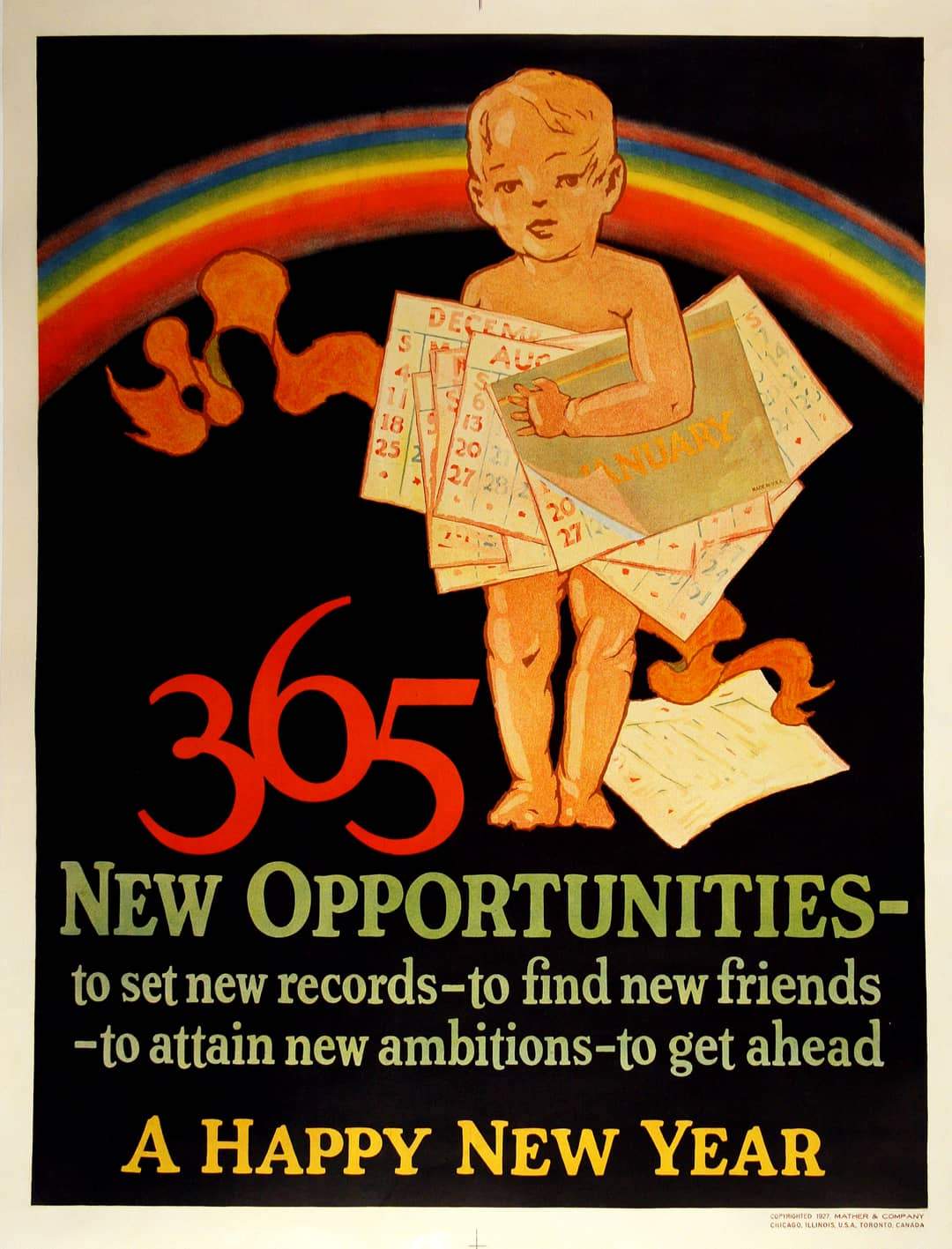 Original Mather Work Incentive Poster 1927 -365 New Opportunities - Happy New Year
