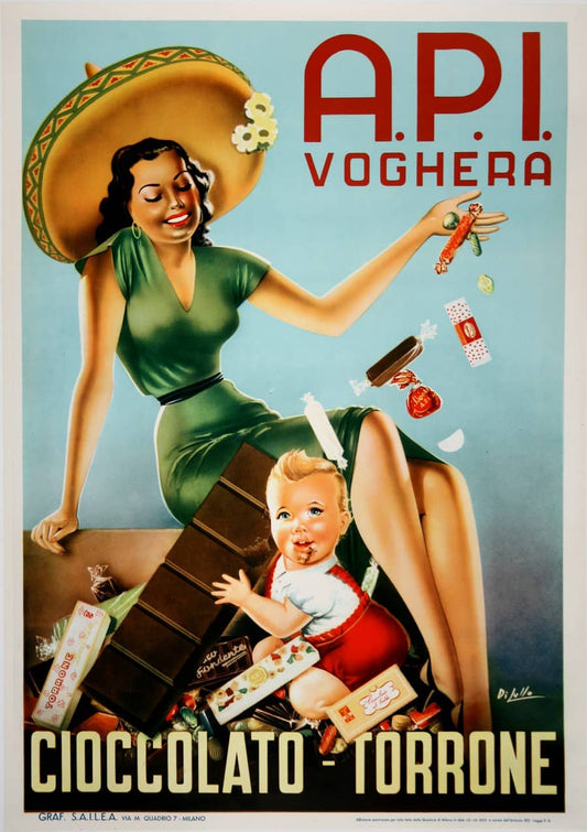Original Vintage API Chocolate Poster by Di Lullo 1950 Italian