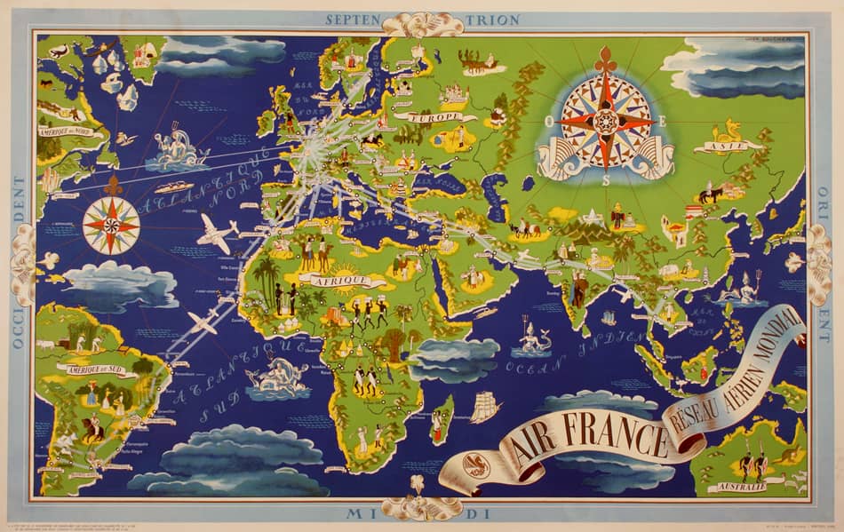 Original Air France Mid Century Map- by Lucien Boucher C1950
