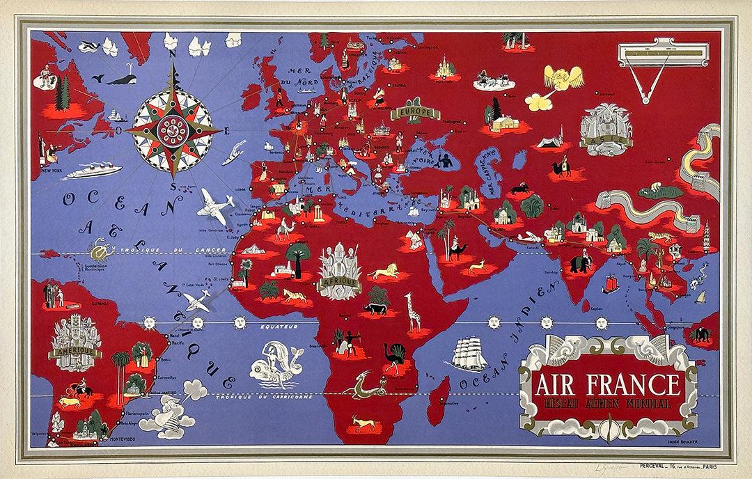 Original Vintage Air France Map Hand Signed by Lucien Boucher 1934 Red Blue