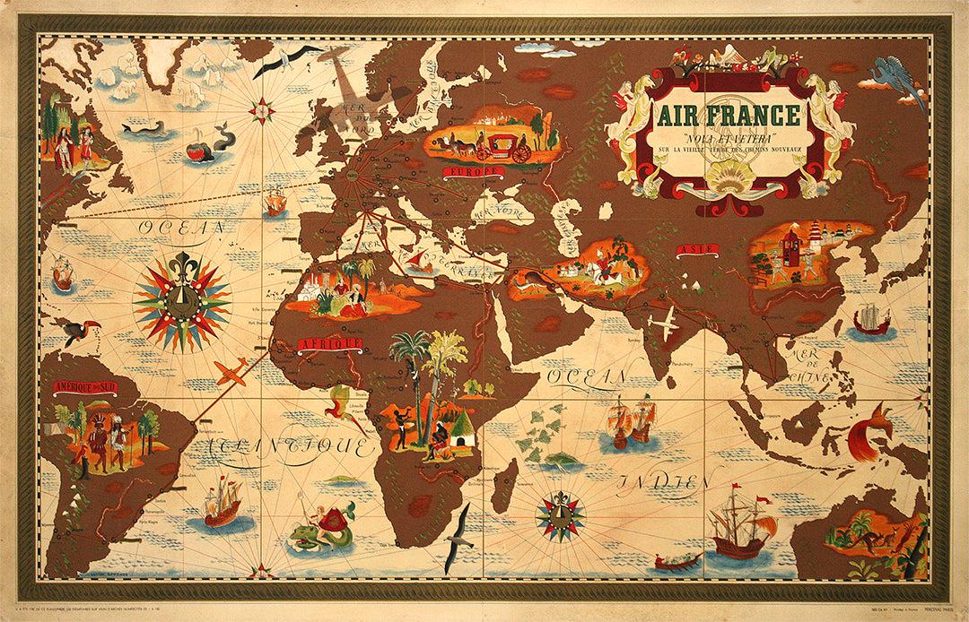 Original Vintage Air France World Map by Lucien Boucher 1950 Brown