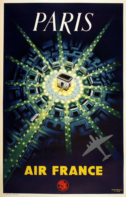 Original Air France Poster Paris Arc de Triomphe 1947 by Baudouin