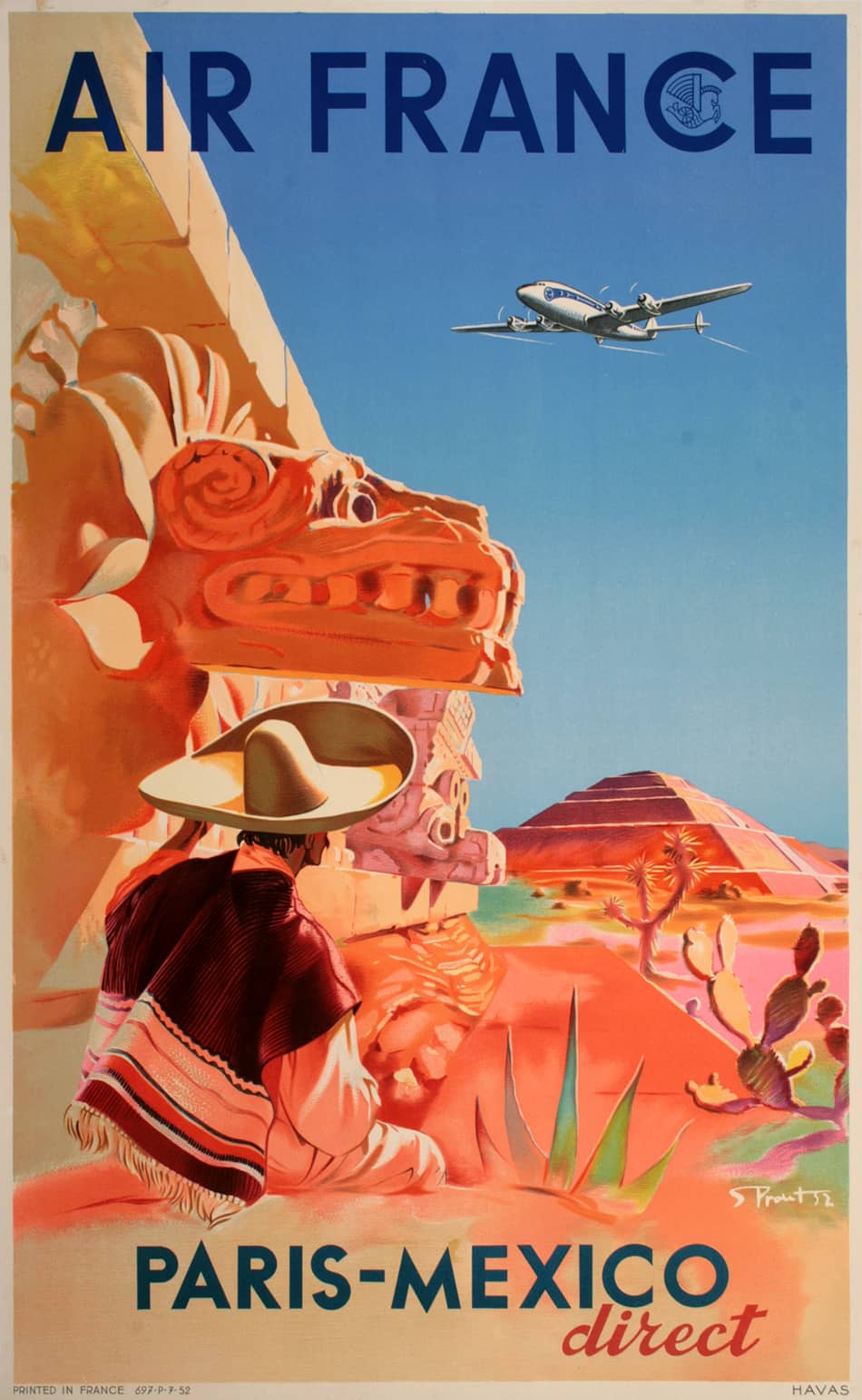 Original Air France 1952 Poster for Travel from Paris to Mexico