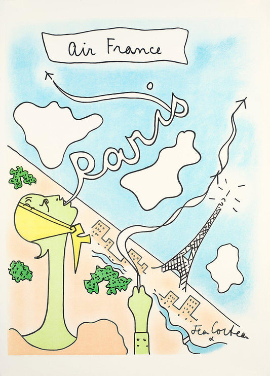 Original Vintage Air France Paris Poster by Jean Cocteau c1955