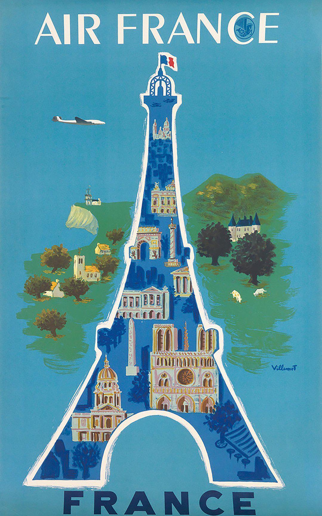 Original Vintage Air France Eiffel Tower Poster by Bernard Villemot 1952