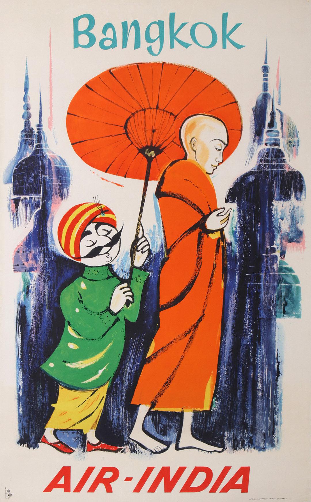 Original Vintage Air India Maharajah Bangkok Thailand Travel Poster 1958