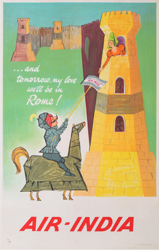 Original Vintage Air India Maharajah Rome Travel Poster 1962