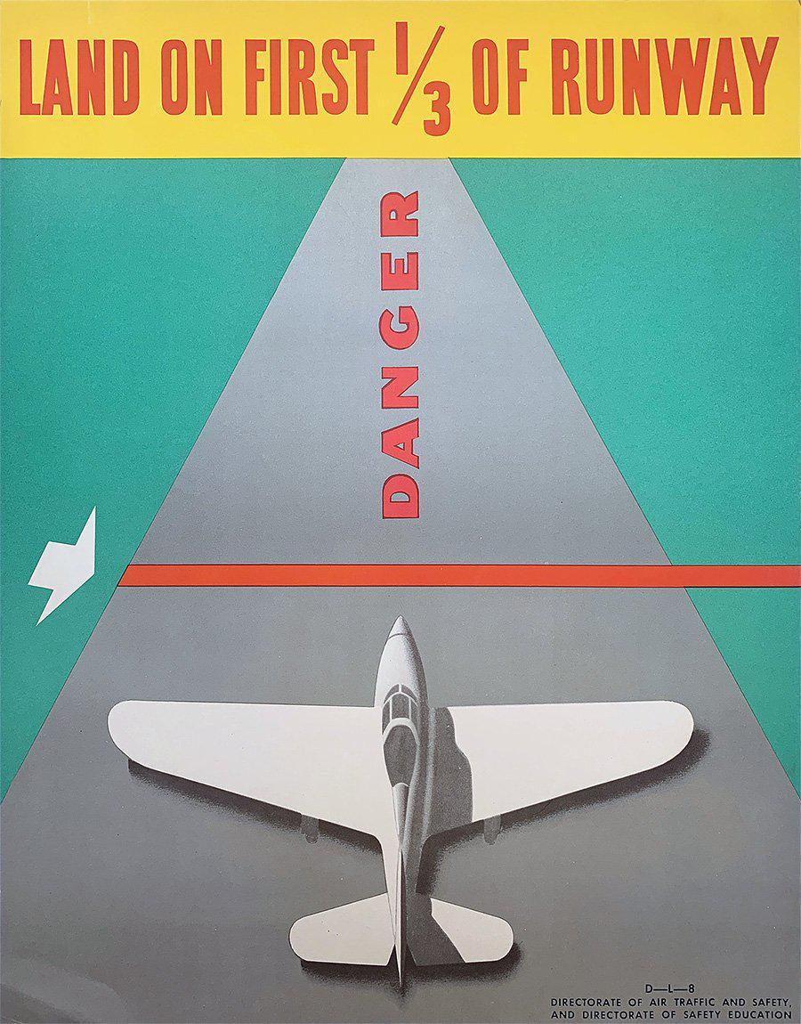 Original Vintage Airplane Safety Poster Land on First 1/3 of Runway c1942