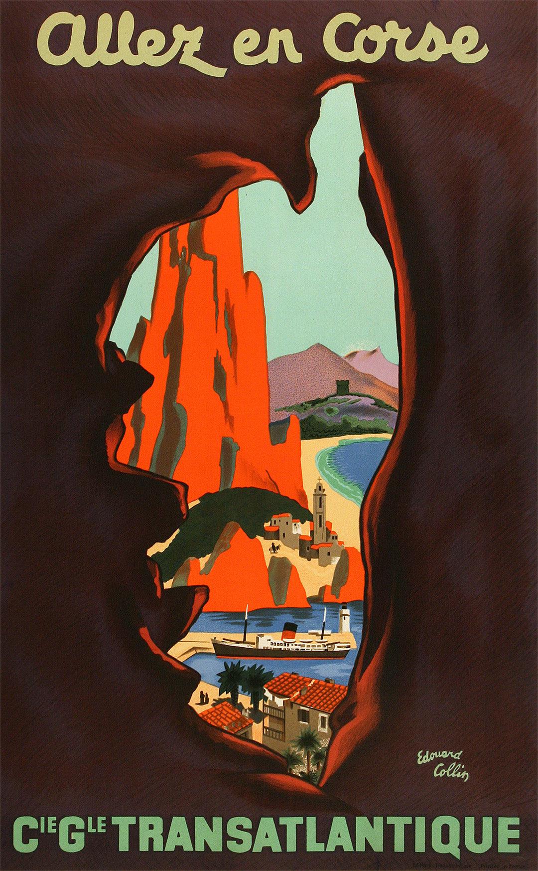 Original Vintage Corsica Travel Poster Allez en Corse CGT by Edouard Collin c1950