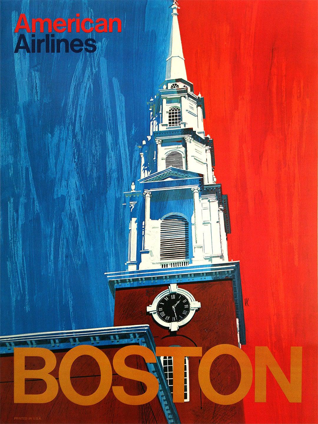 Original Vintage American Airlines to Boston Travel Poster c1970
