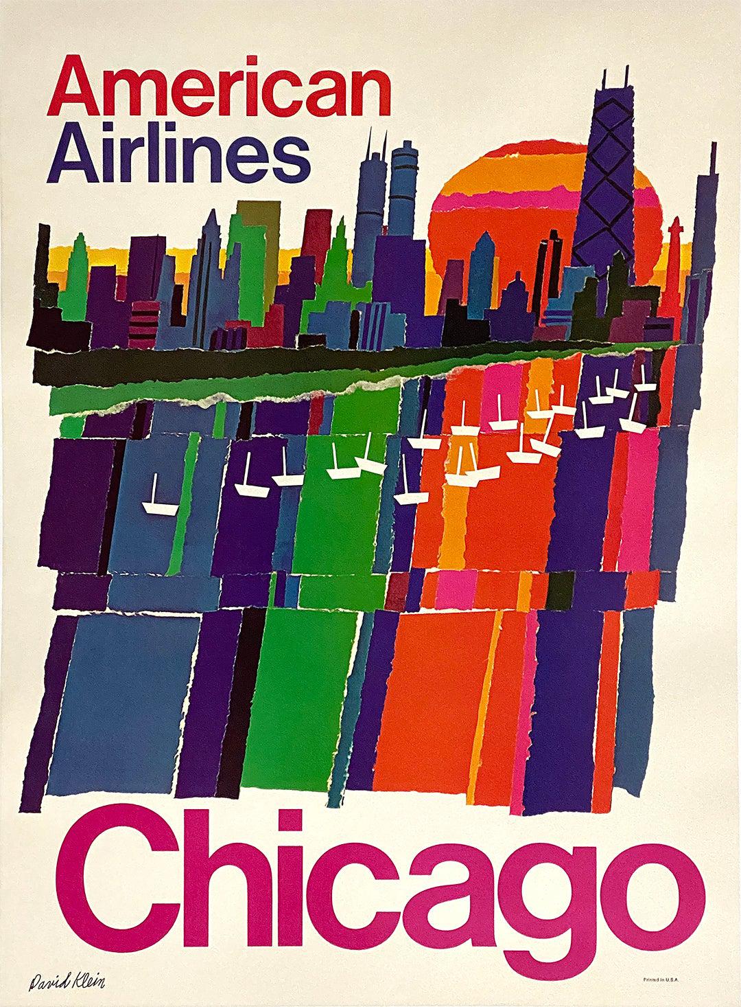 Original Vintage David Klein Chicago American Airlines Poster c1970