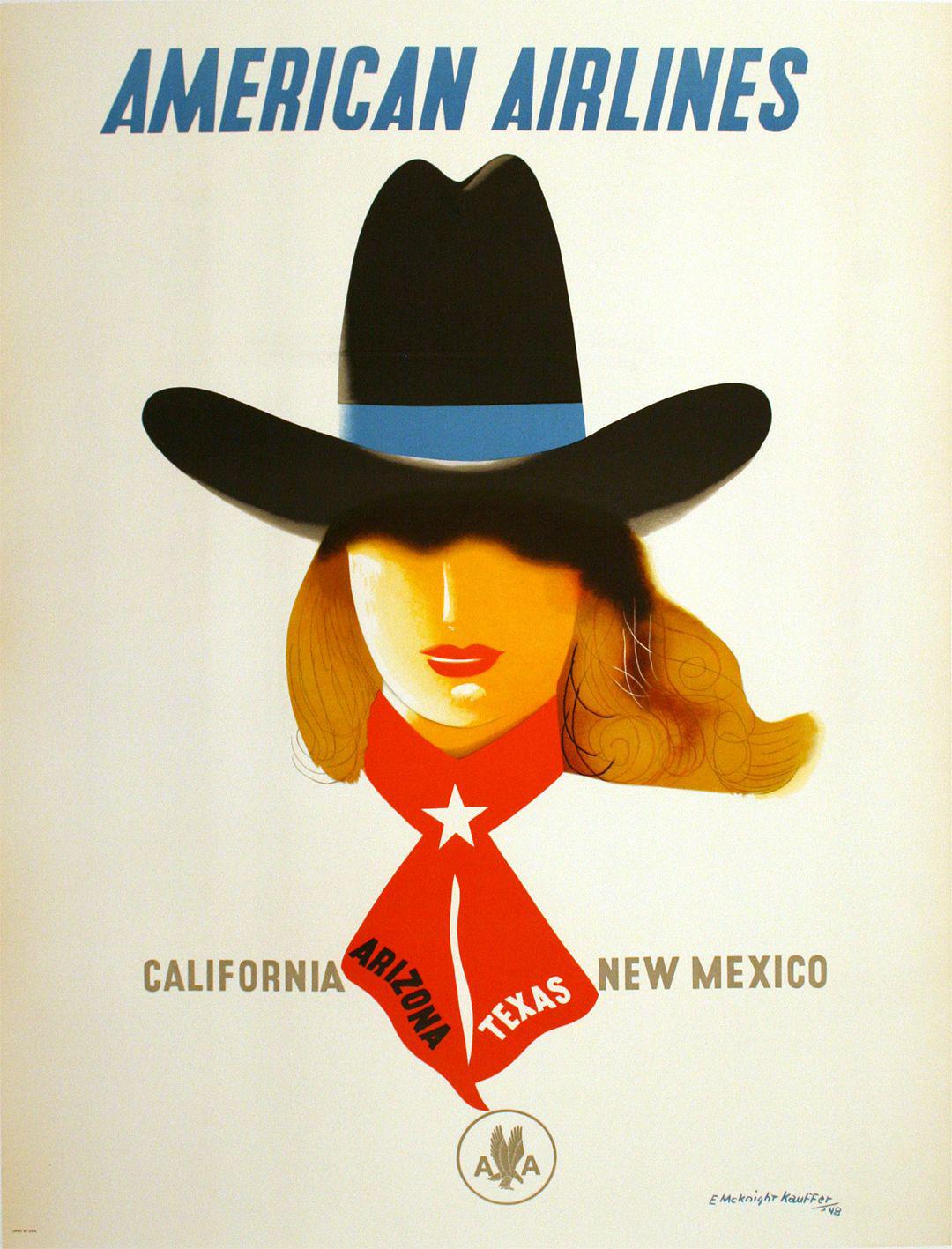Original American Airlines Poster 1948 by E. McKnight Kauffer Cowgirl Western States