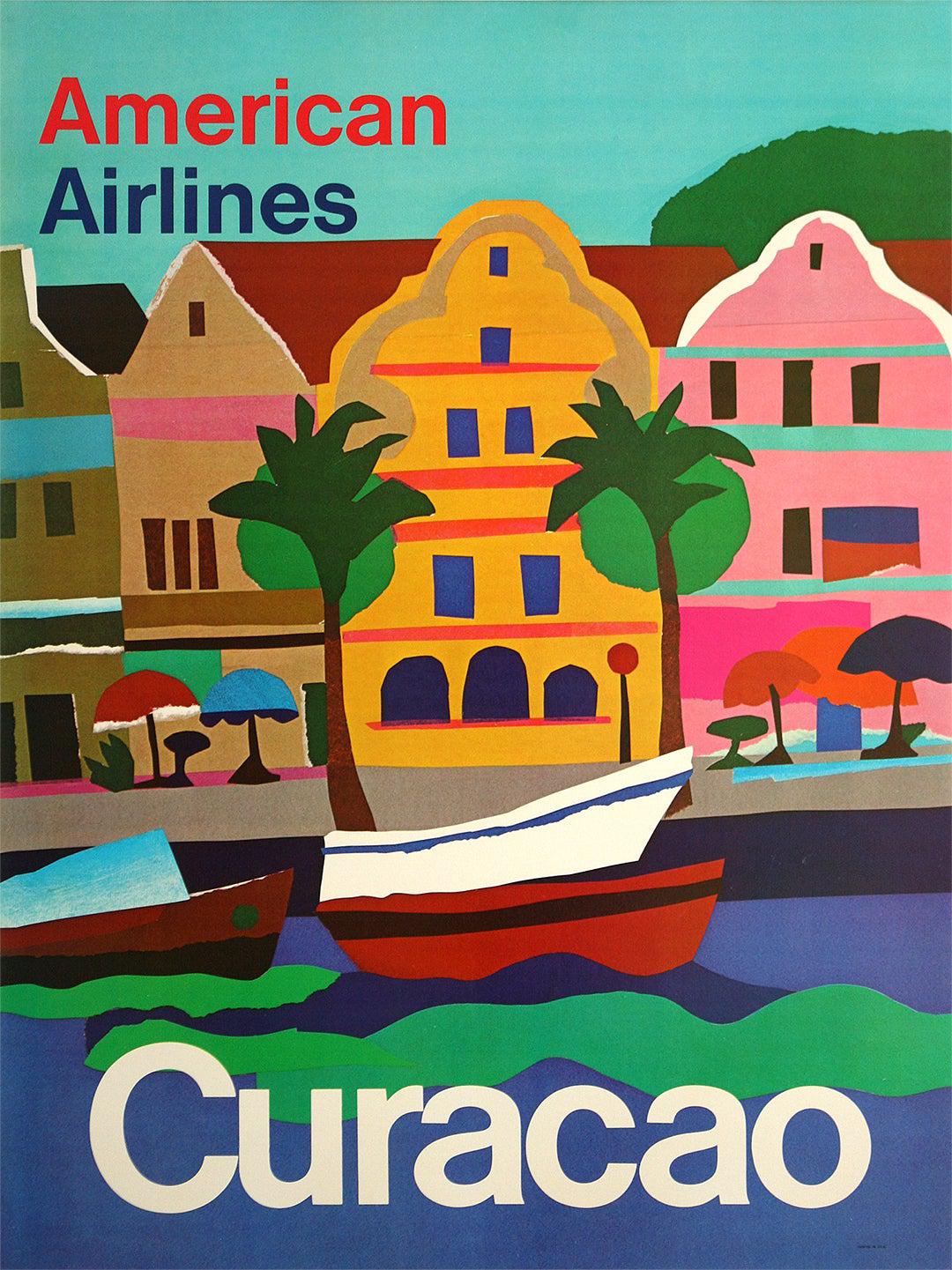 Original Vintage American Airlines Curacao Travel Poster c1970