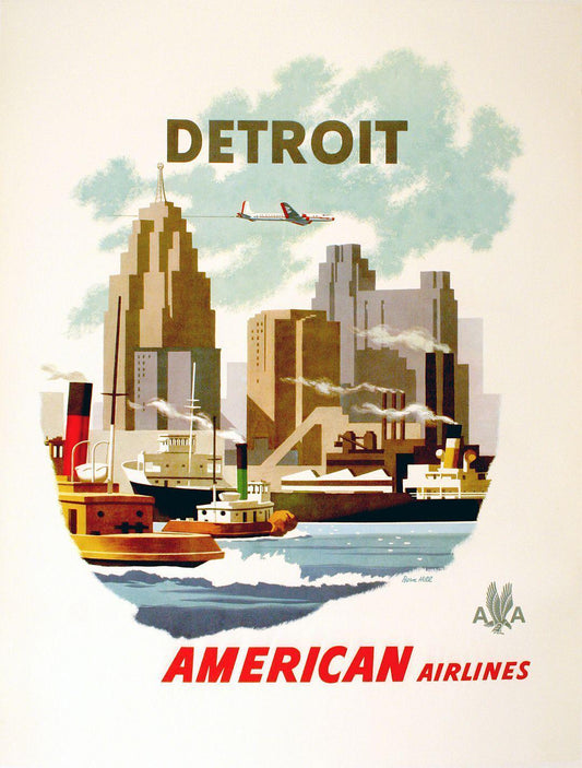 American Airlines Detroit Original 1950's Travel Poster by Bern Hill
