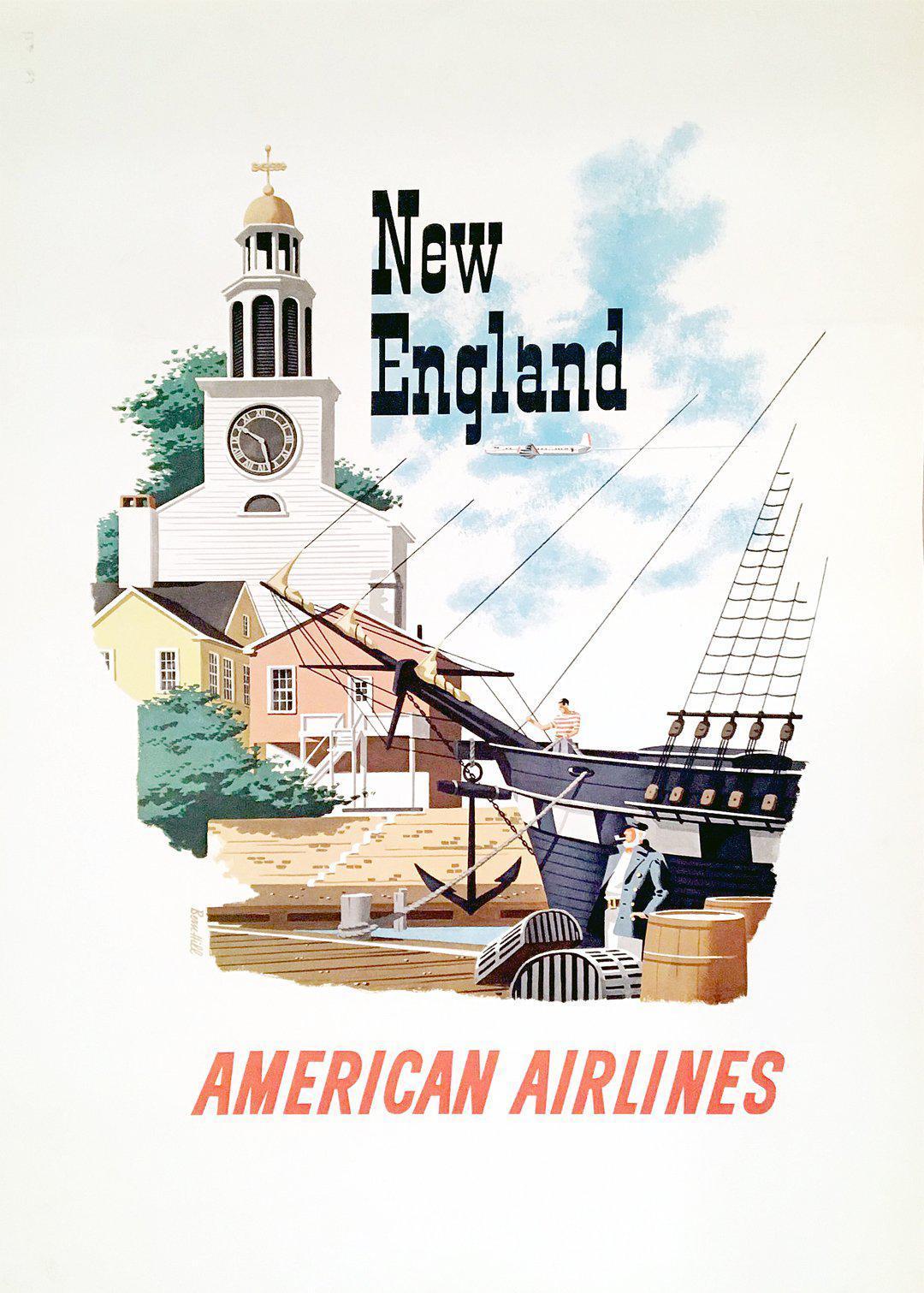 Original Vintage American Airlines Poster New England by Bern Hill c1955