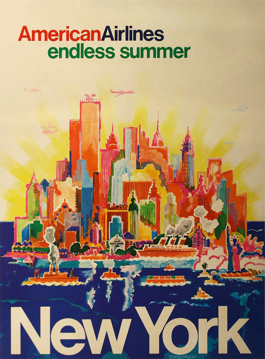 Original Vintage American Airlines New York Travel Poster c1970 Endless Summer Harry Bertschmann