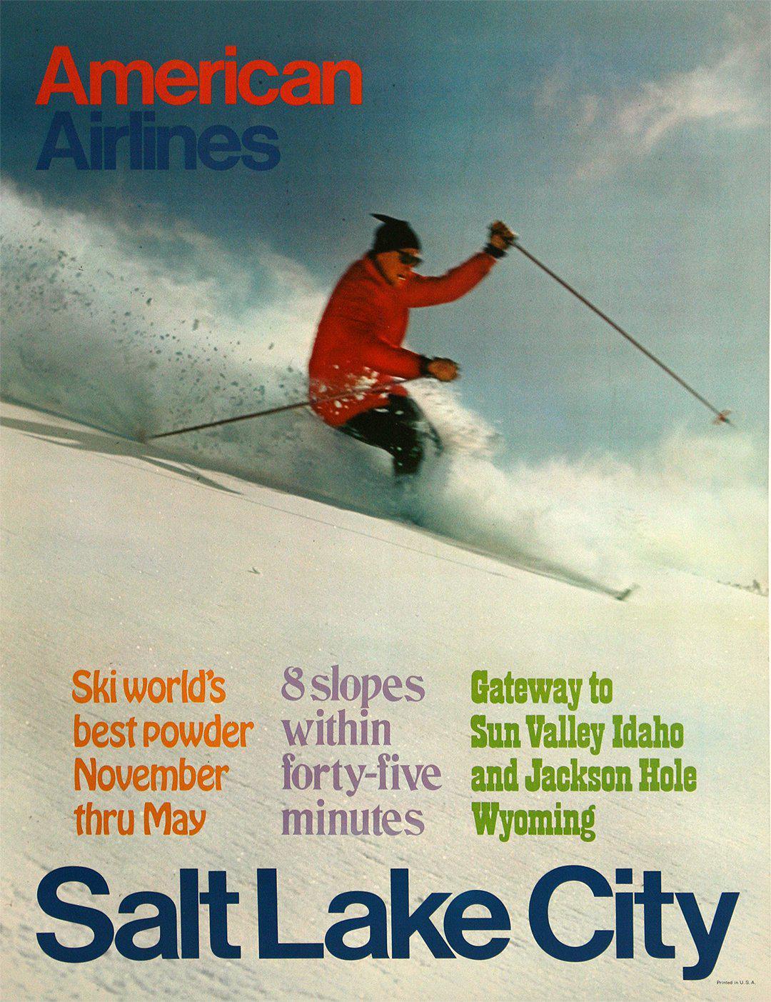 Original Vintage American Airlines Salt Lake City Ski Poster c1970