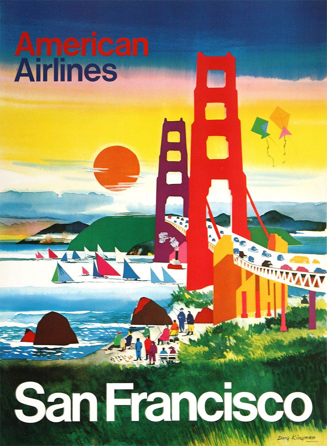 Original Vintage American Airlines San Francisco Bridge Poster by Dong Kingman c1970