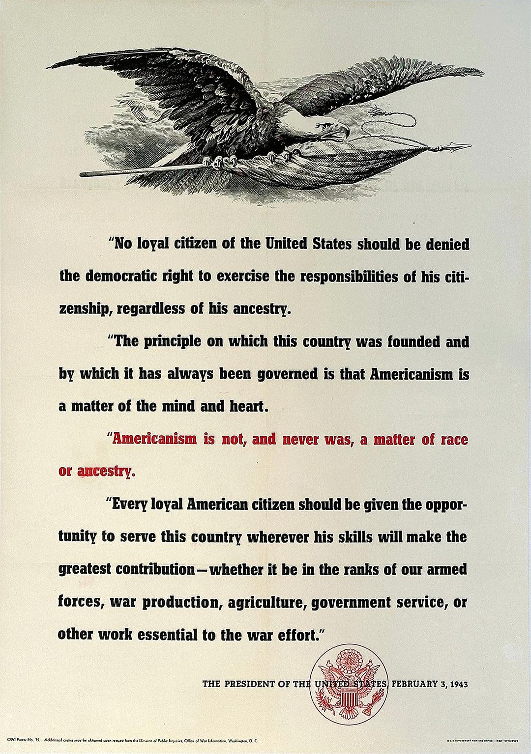 Original Vintage WWII 442nd Japanese Regiment Poster FDR Speech Americanism is Not a Matter of Race