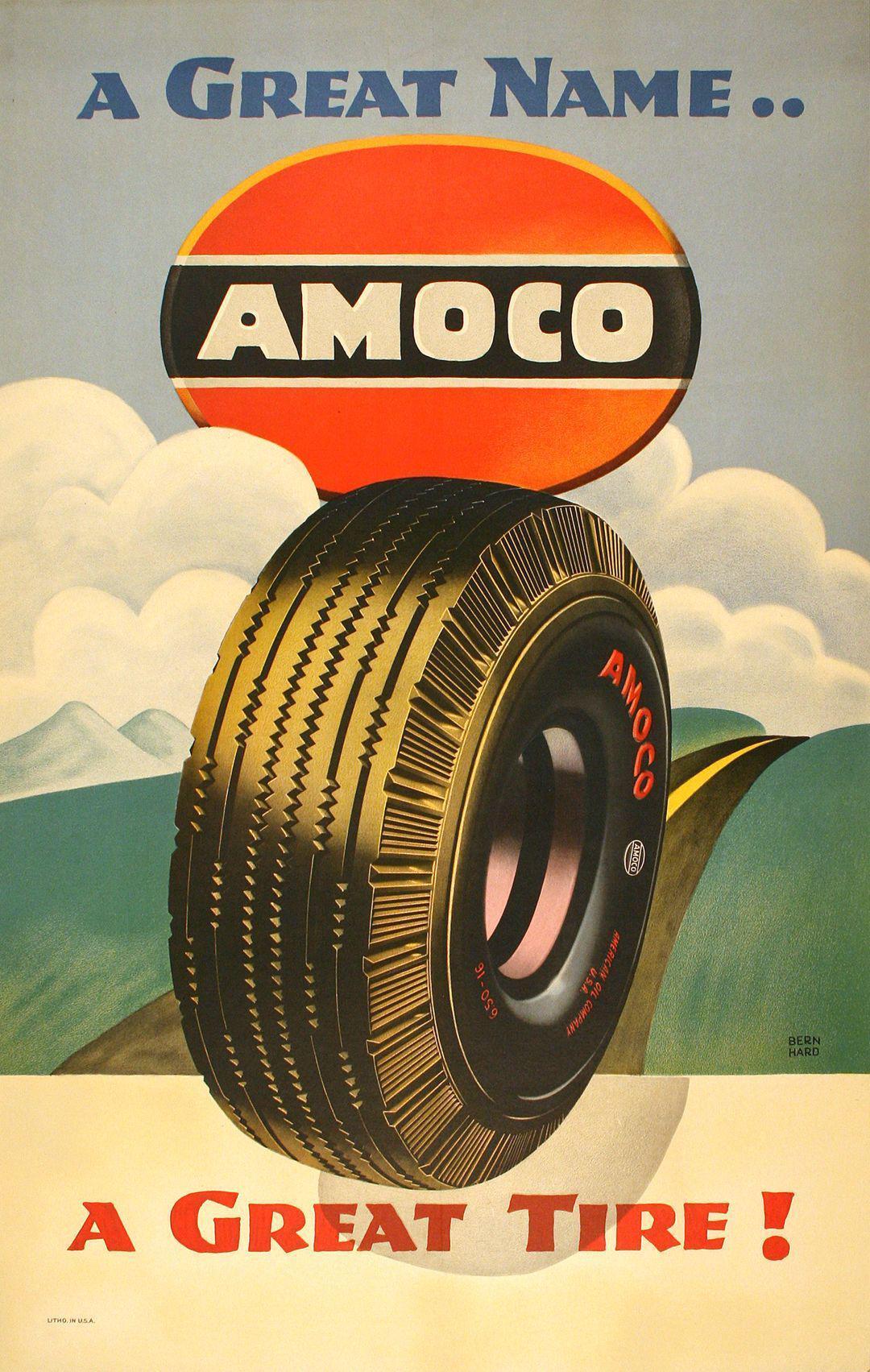 Original 1950's Lucian Bernhard Vintage Poster for Amoco - A Great Name A Great Tire