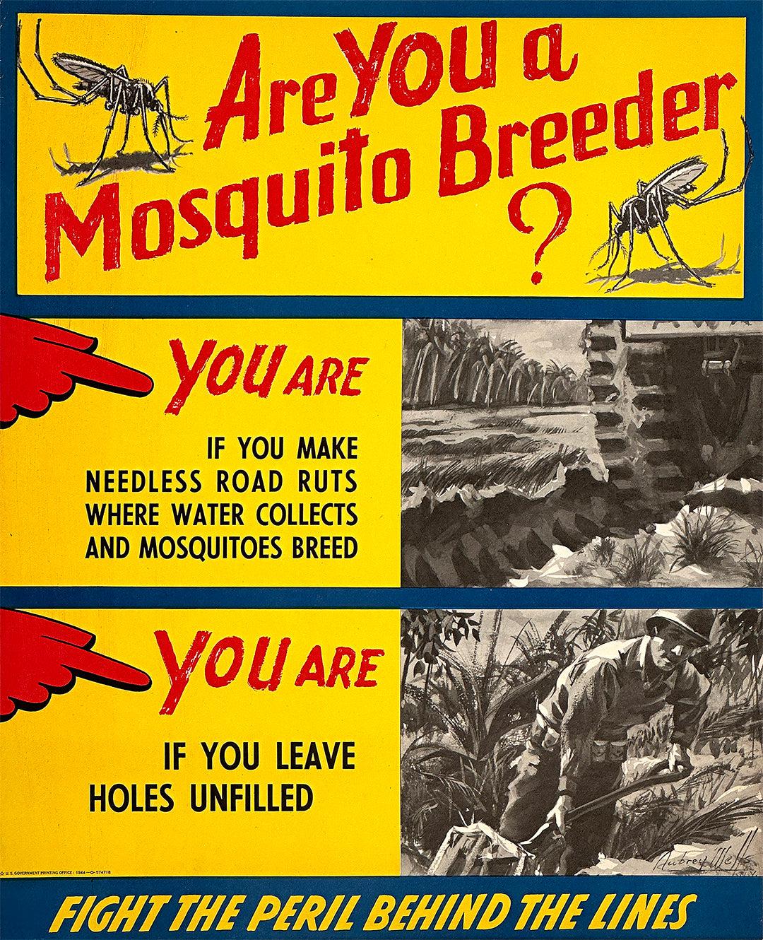 Original Vintage Anti Malaria WWII Poster Are You a Mosquito Breeder 1944 Aubrey Wells