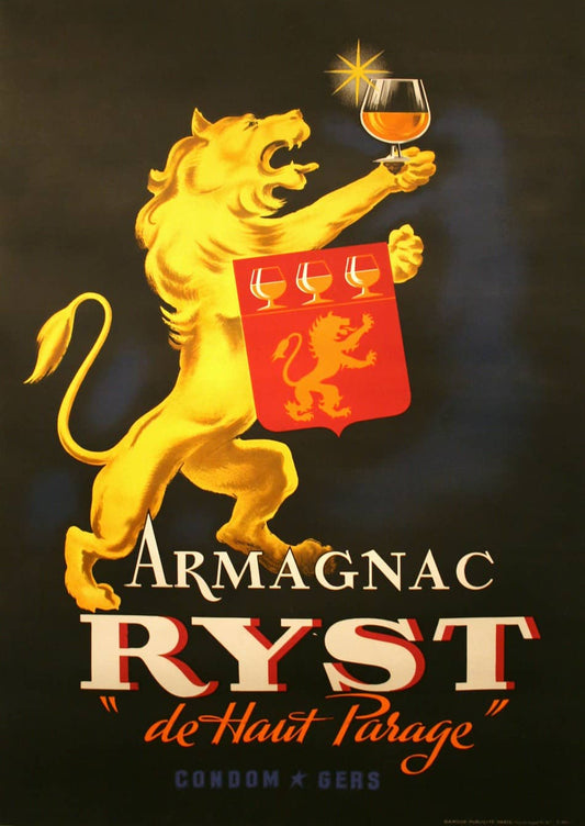 Original Vintage Armagnac Ryst Brandy Poster 1945 Lion