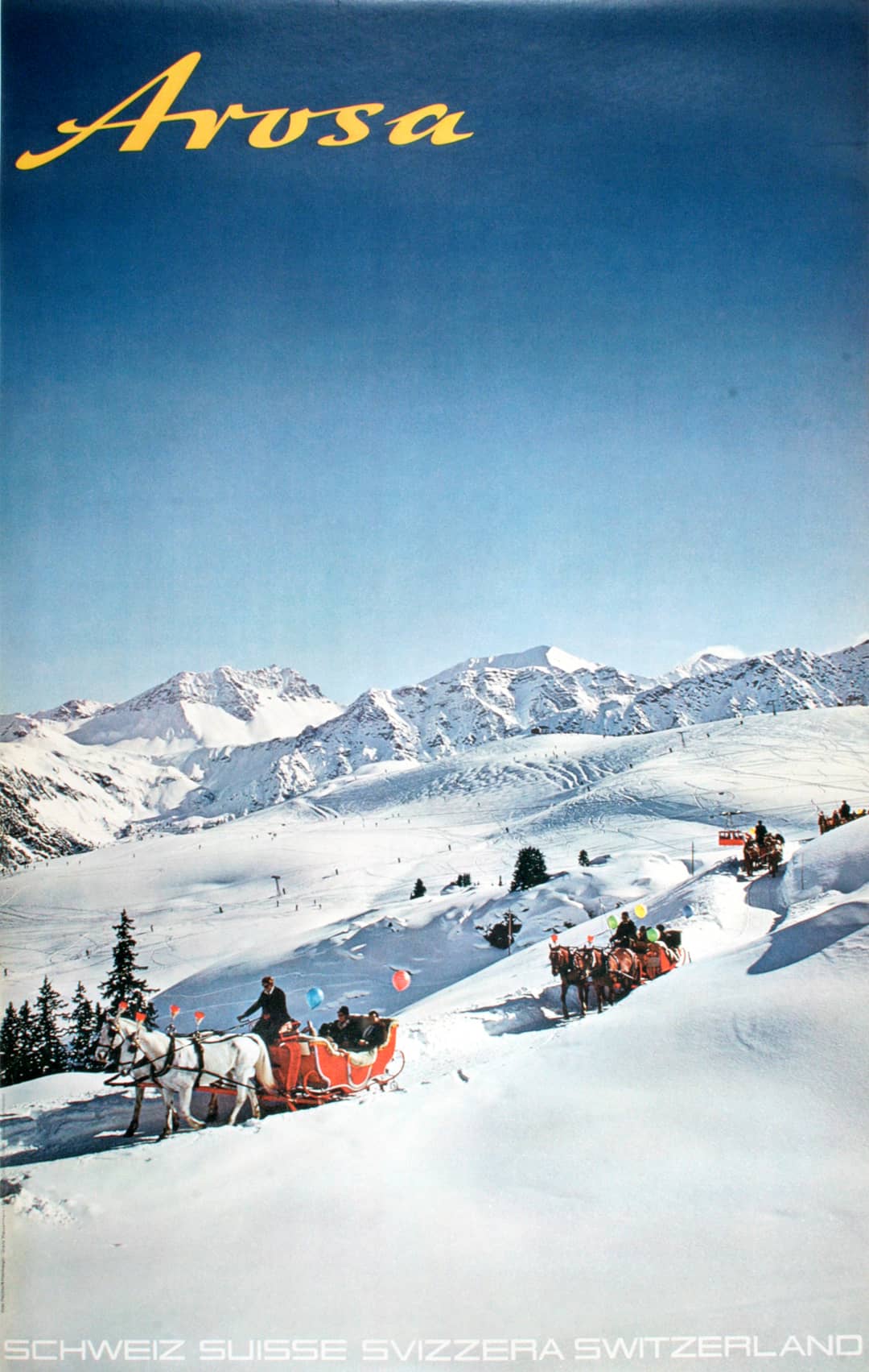 Original Swiss 1970's Poster for Arosa Sleds on a Mountain