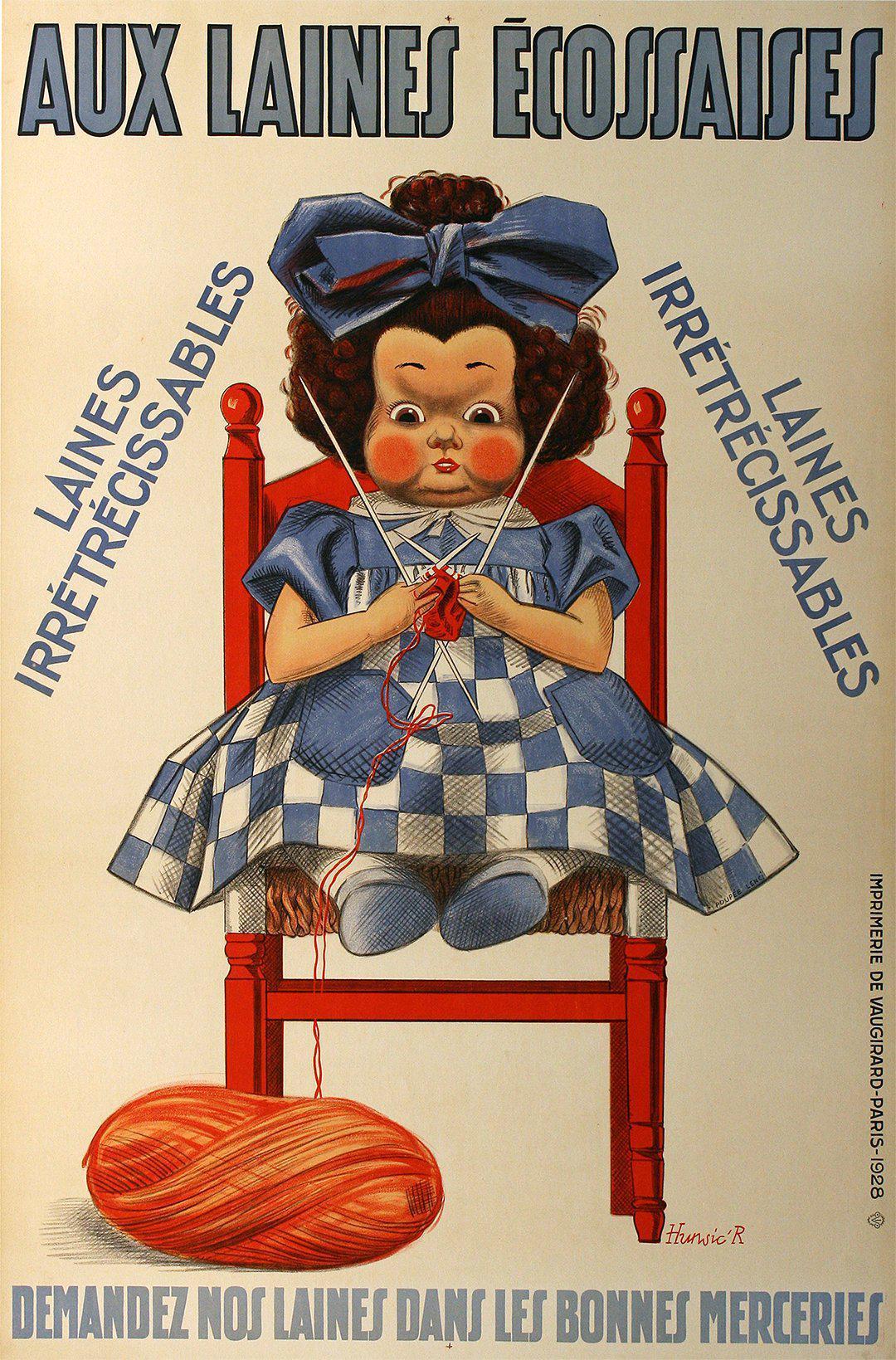 Original Vintage French Poster Aux Laines Ecossaises 1928 by Hurwin - Little Girl Knitting Yarn Shop