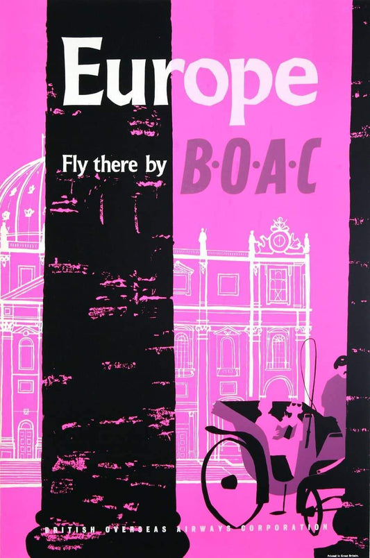 BOAC Original 1960's Poster Fly There Europe Neon Pink Color
