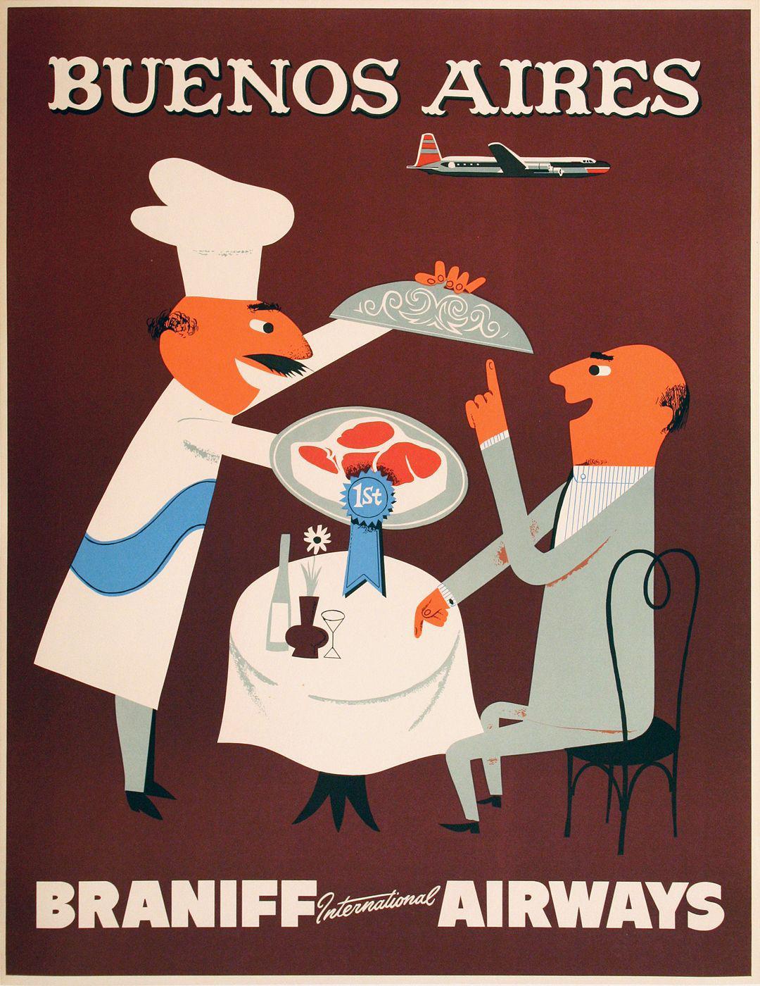 Braniff Airways Buenos Aires Original Travel Poster c1955 - Chef and Diner at Table