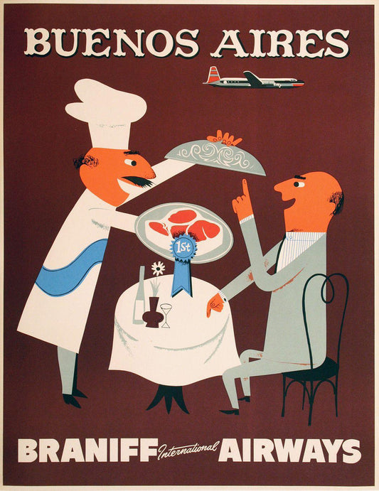 Braniff Airways Buenos Aires Original Travel Poster c1955 - Chef and Diner at Table