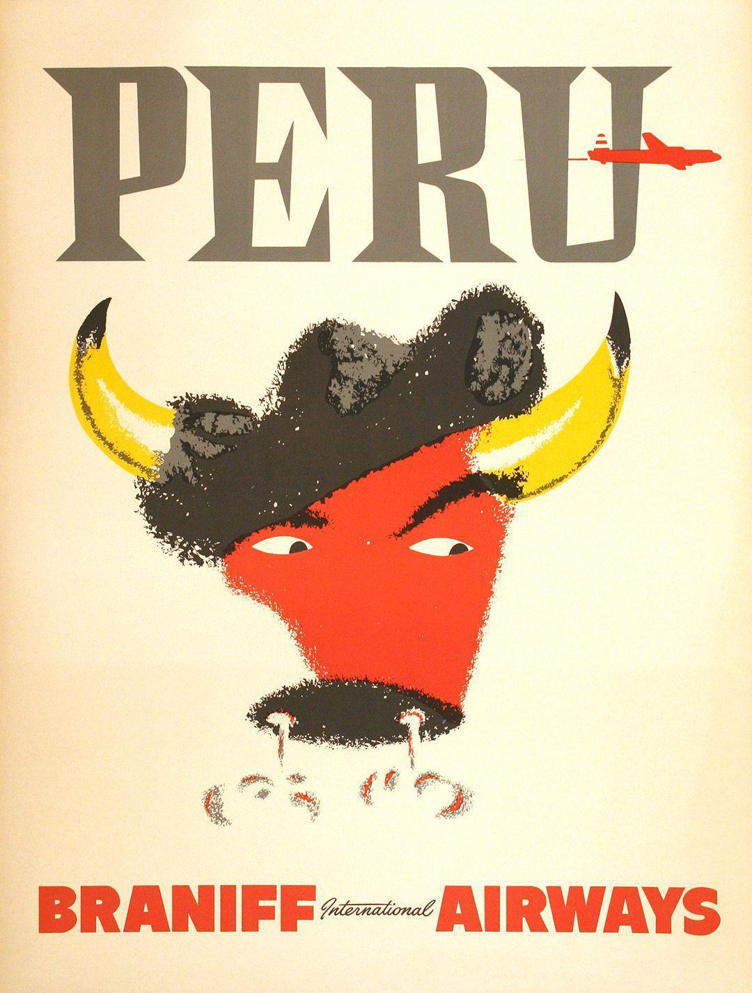 Braniff Airways Peru  Original Travel Poster c1955 Bull