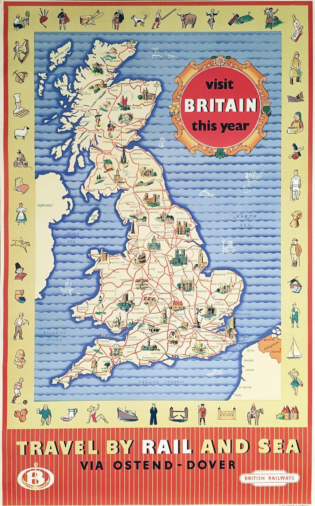 Original Vintage Map Poster British Railways - Visit Britain this Year C1950