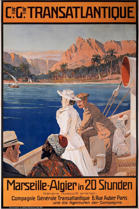 Original Vintage CGT Marseille to Algier in 20 Stunden Travel Poster c1900