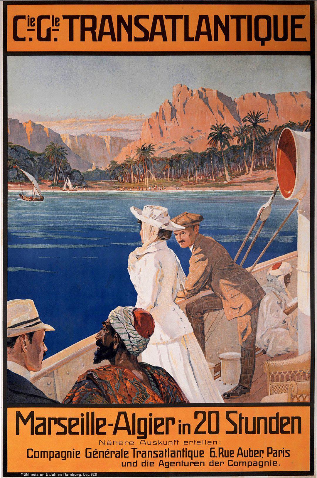 Original Vintage CGT Marseille to Algier in 20 Stunden Travel Poster c1900