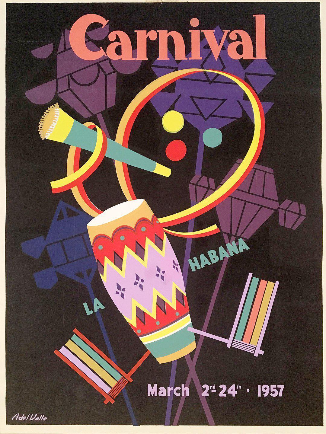 Original Vintage Cuban Poster Carnaval La Habana 1957 by Adel Valle