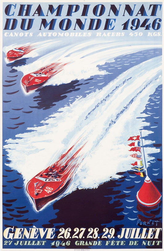 Original Vintage Motor Boat Race Poster Championnat du Monde Geneve 1946 by Percival Pernet