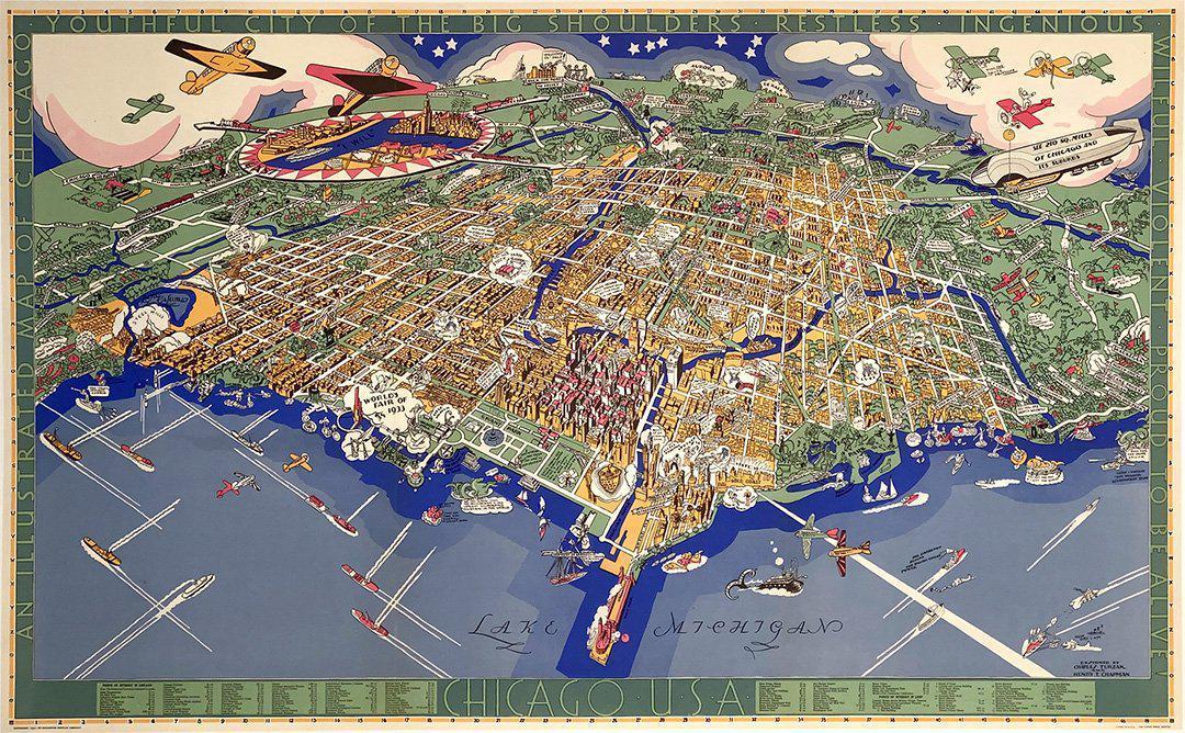 Chicago World's Fair 1933 Map by Turzak & Chapman Biplane