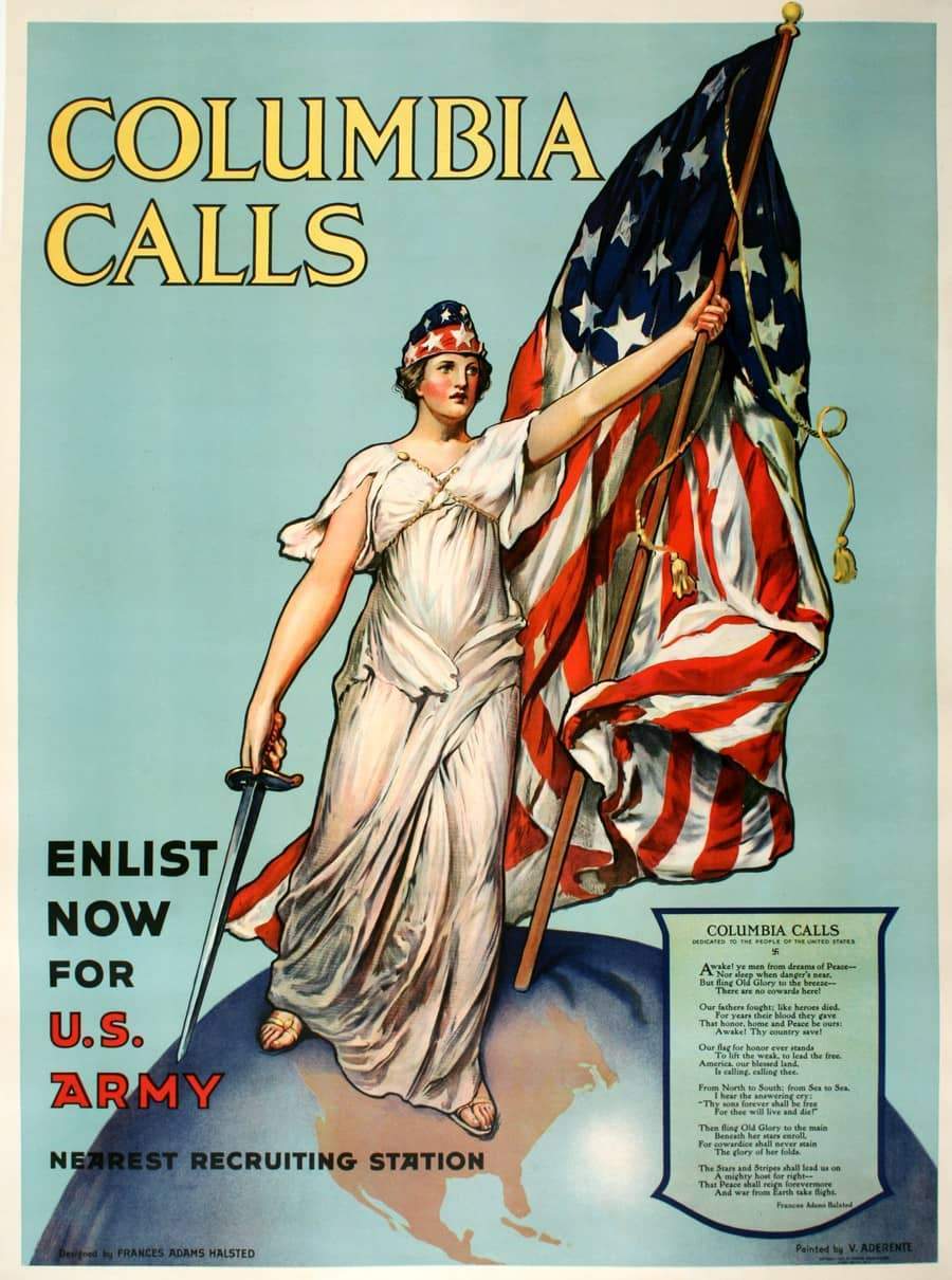 Original Vintage WWI Poster Columbia Calls Recruitment by Vincent Aderente 1910