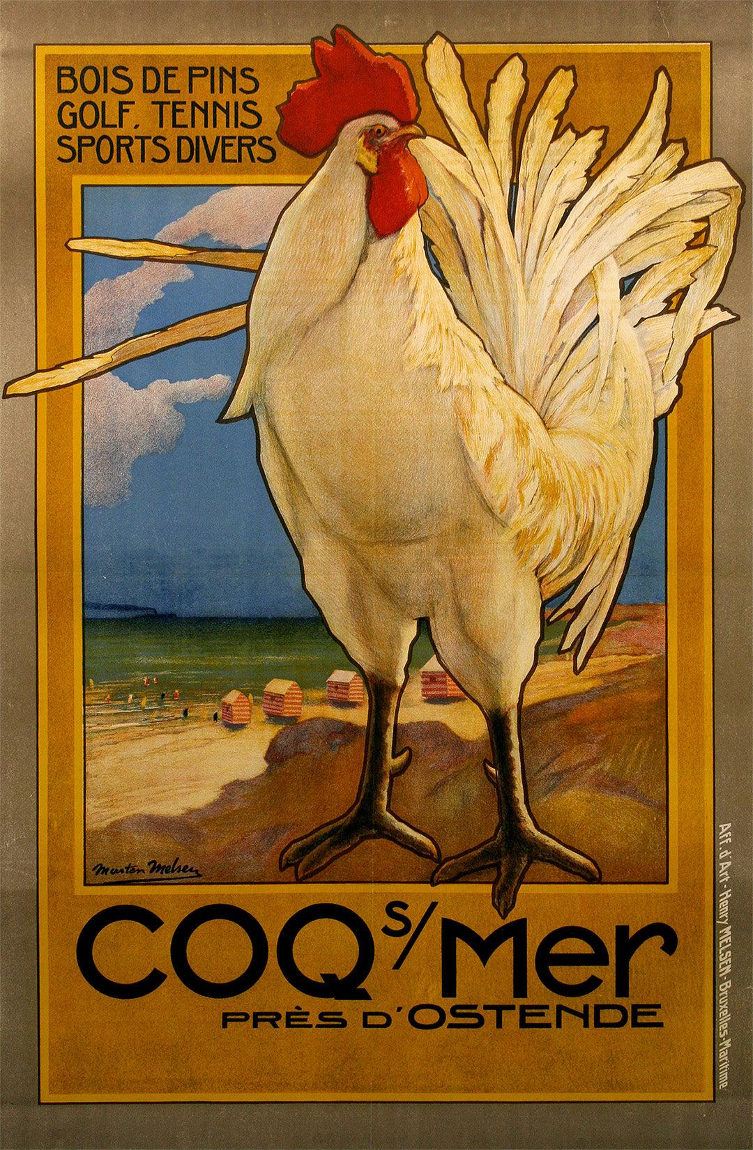 Original Vintage Belgian Travel Poster Coq Sur Mer by Marten Melsen 1923 - Rooster
