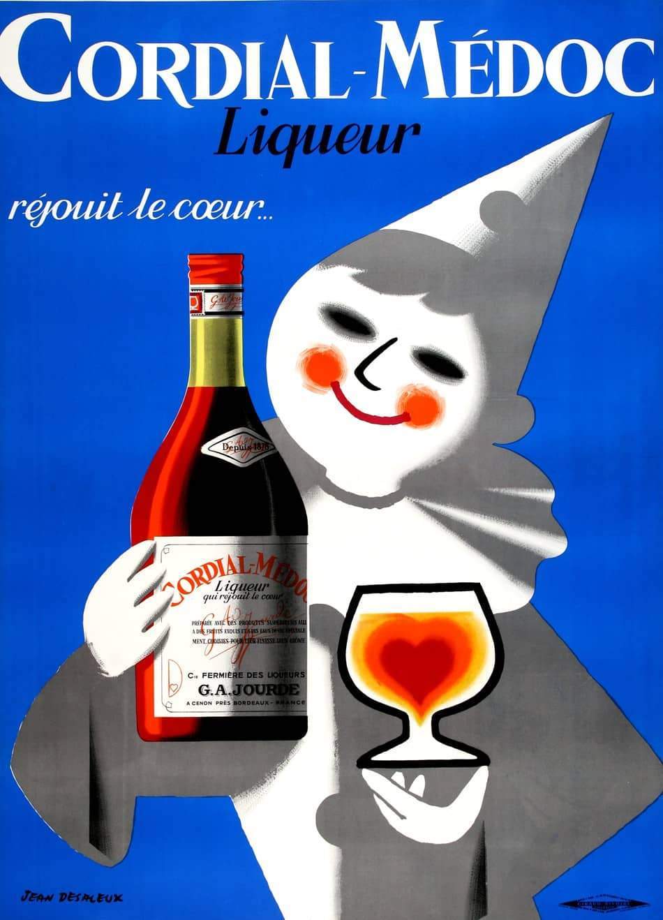 Original Vintage Liquor Poster Cordial Medoc Clown by Desaleux 1955