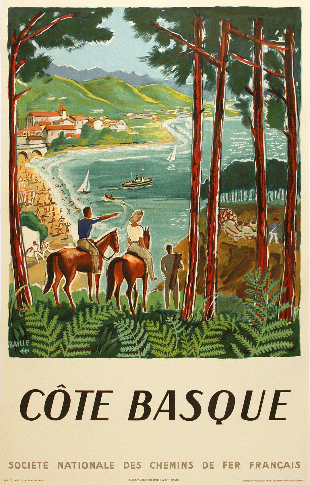 Original Vintage Cote Basque SNCF Travel Poster by Herve Baille 1950