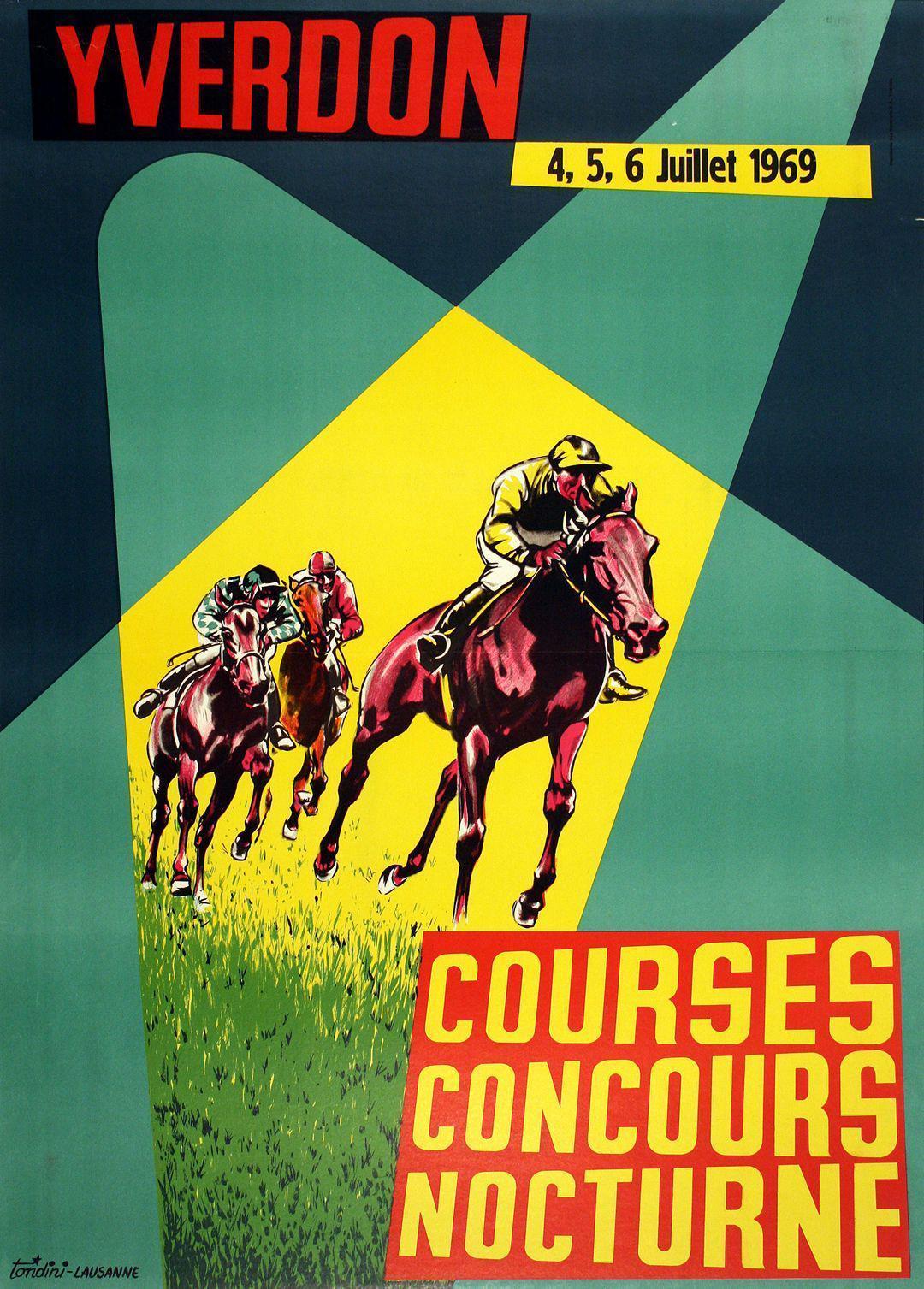 Original Vintage Horse Racing Poster Courses Yverdon Swiss