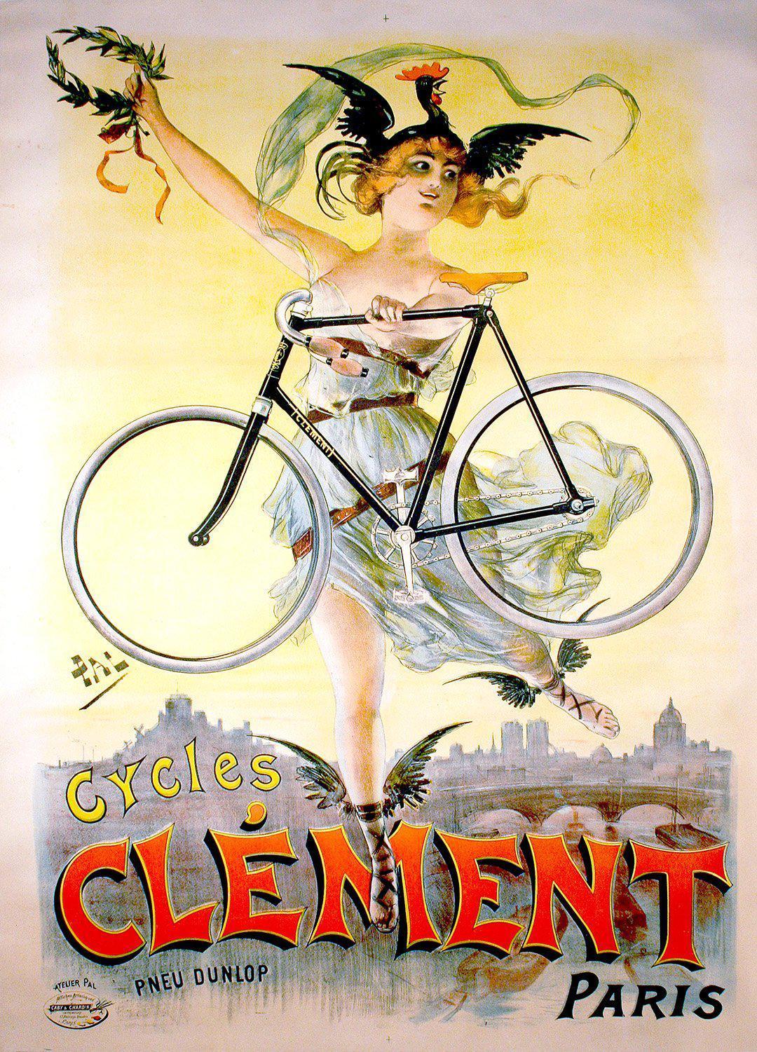 Cycles Clement Original Poster by PAL c1900 -- Woman with Rooster on her Head