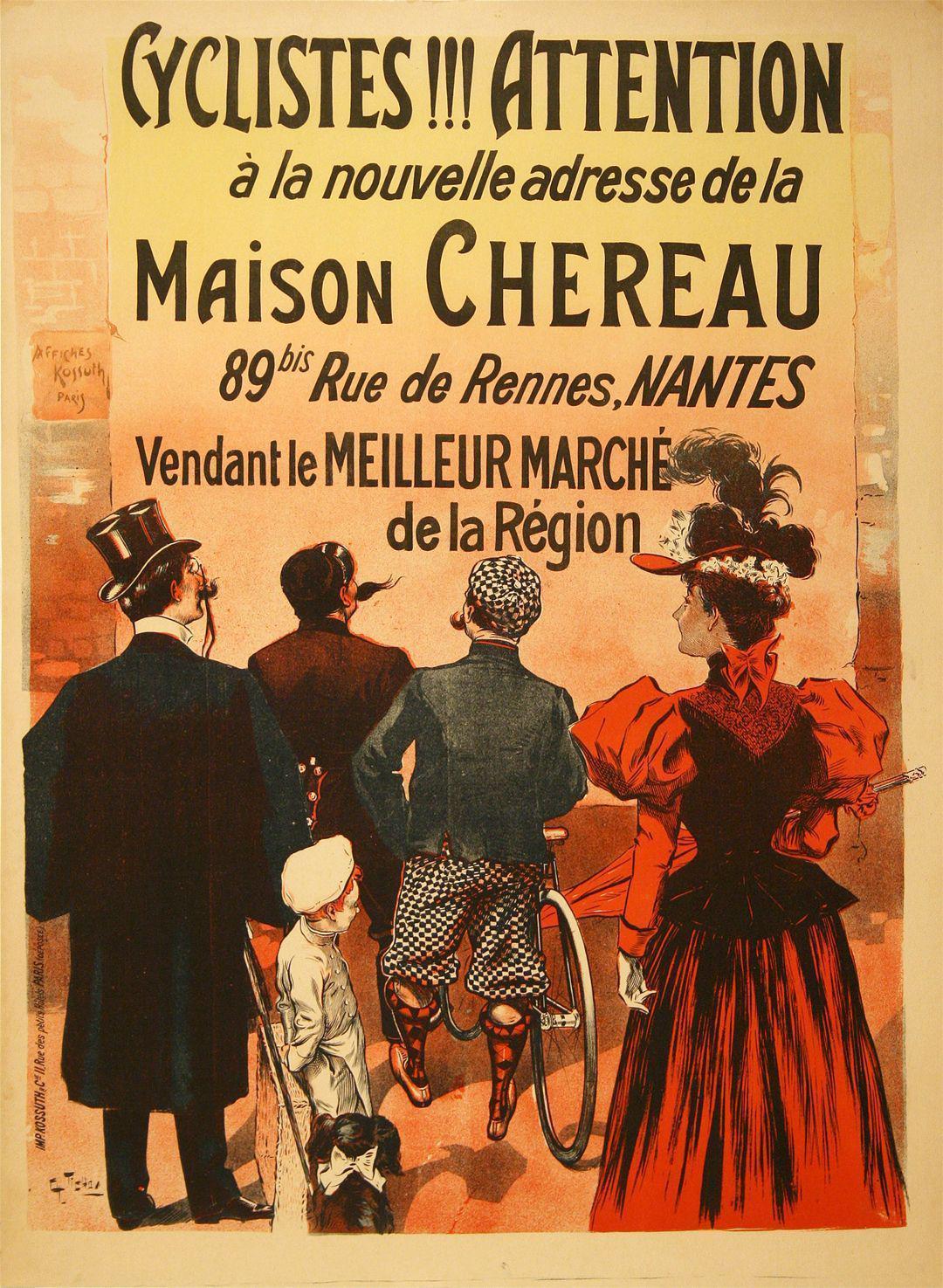 Original Vintage Cycling Poster Attention Cyclistes by Charles Tichon C1895