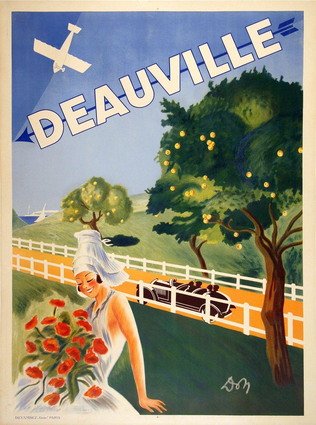 Original Vintage French Travel Poster Deauville by Dom c1925 Biplane