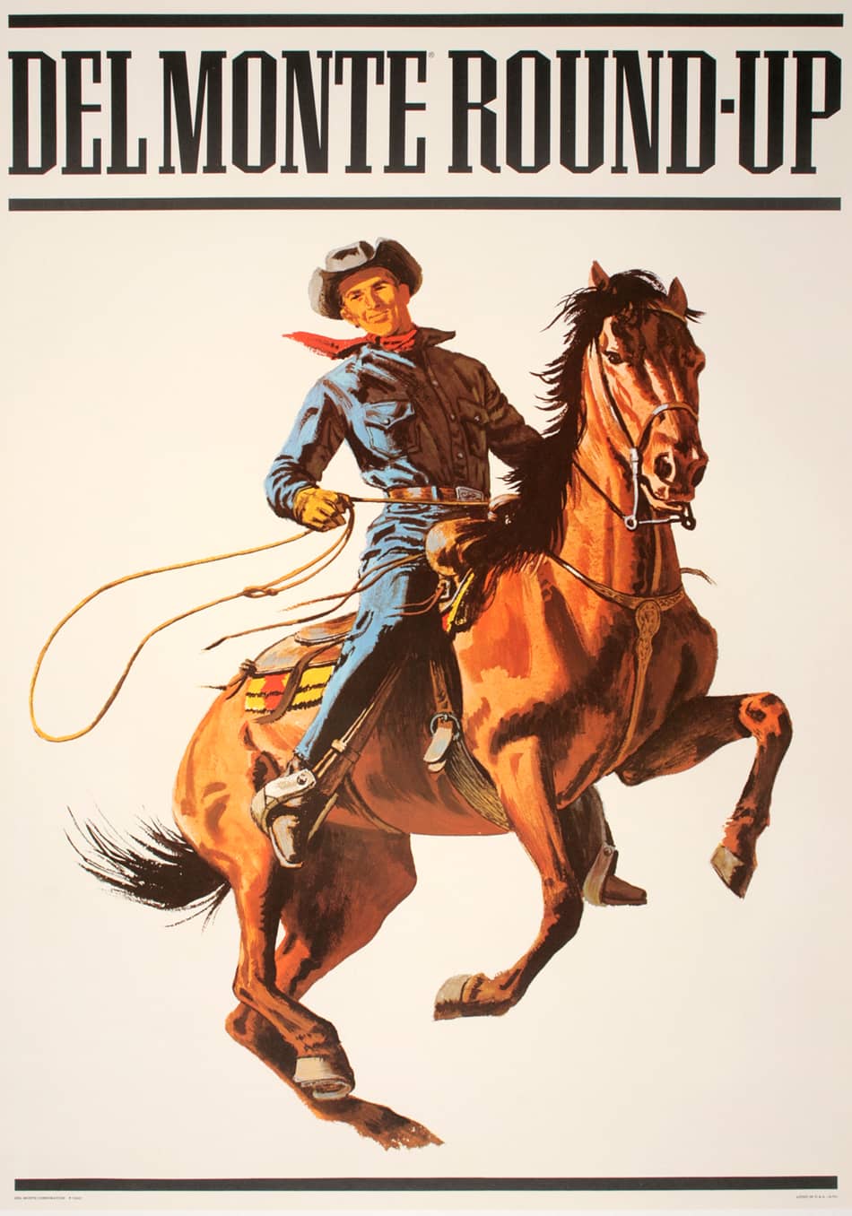 Del Monte Roundup Original Vintage Poster c1965 Cowboy in Blue Shirt on Horse
